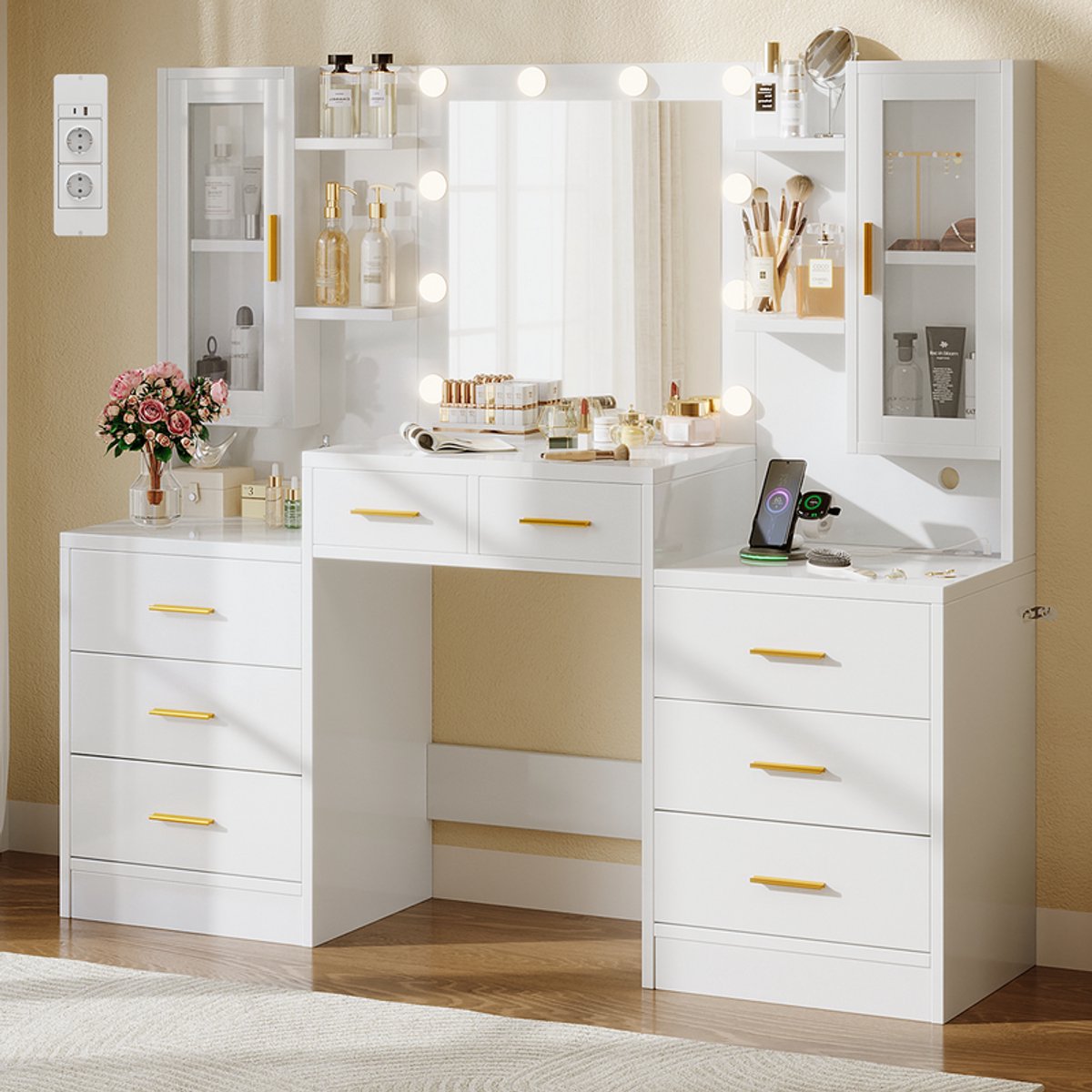 Kaptafel - Make Up Tafel - Met Spiegel en 10 LED Lampen - Met Stopcontacten & USB-poorten - 3 Lichtkleuren - 8 Lades en 2 Kasten - 4 Open Opbergplanken - 150L x 135H x 40W cm - Eenvoudige Montage - Voor Slaapkamer Kleedkamer - Wit