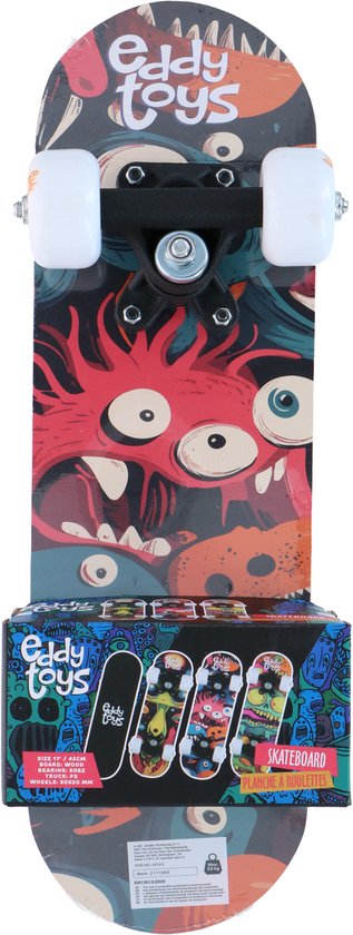 Skateboard met rode monsterprint. Omwikkeld met folie, met witte wielen en Eddy Toys logo.