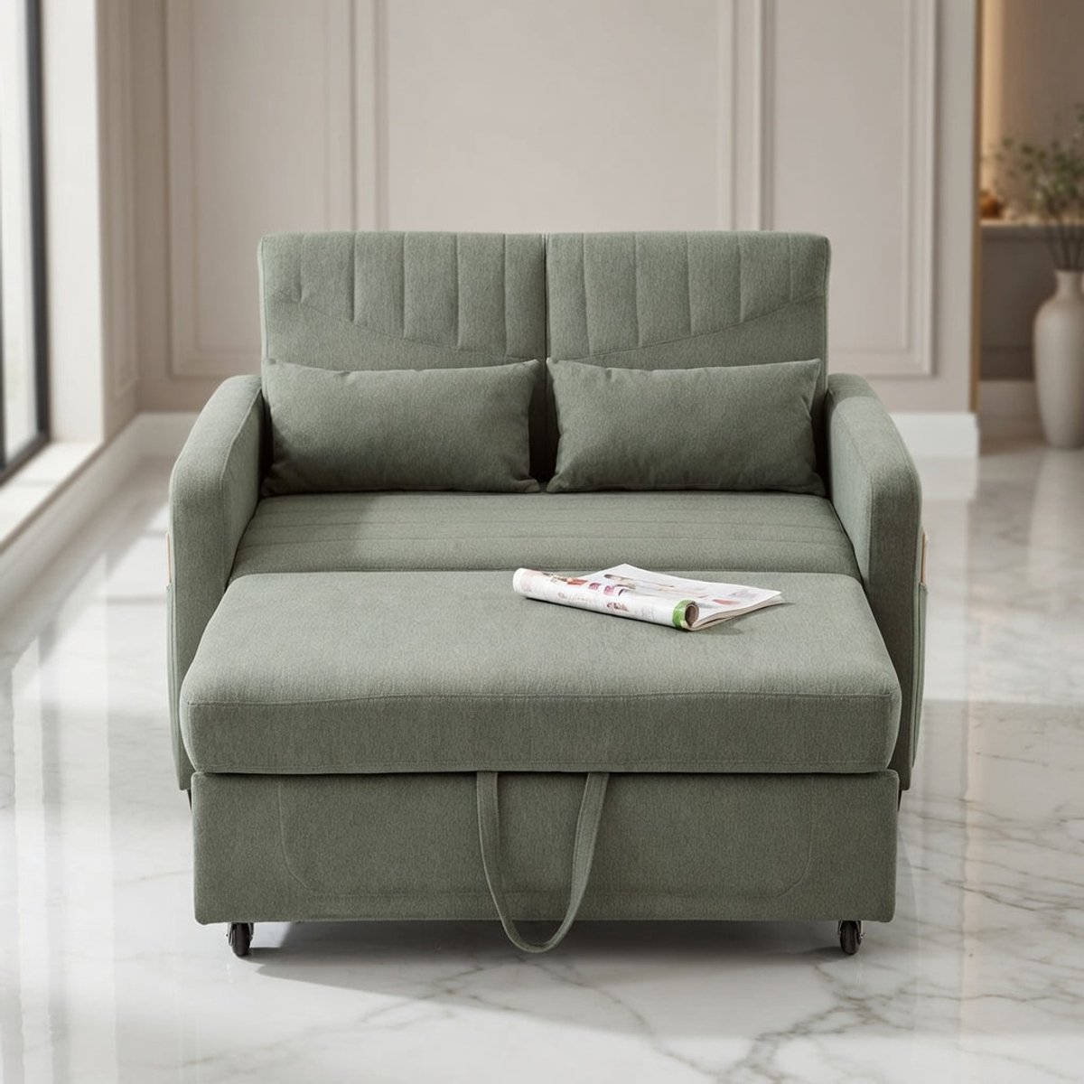 Luxe Uitschuifbare 2-Zits Slaapbank met Linnen Bekleding | 3-Posities Verstelbare Rugleuning | Compacte Loveseat voor Kleine Ruimtes | Inclusief 2 Kussens | Stabiel Houten en Metalen Frame | Comfortabel Gastenbed House&Garden