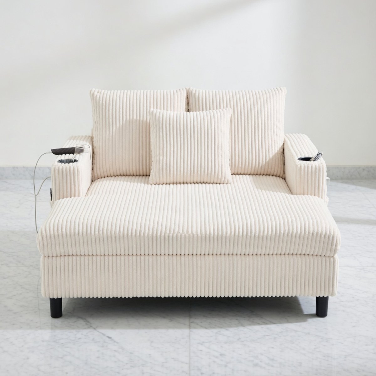 Luxe Moderne Corduroy Chaise Lounge Sofa – Comfortabele Oversized Recliner met USB-poorten, Bekerhouder, Opbergtas en LED-verlichting, Inclusief 3 Sierkussens – Perfect voor Woonkamer, Slaapkamer of Appartement House&Garden