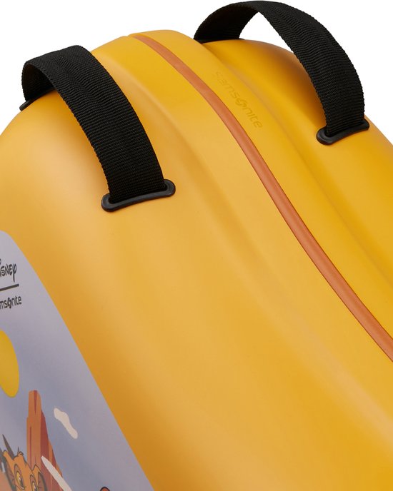 Bovenkant van de gele koffer met zwarte handvatten en Samsonite-logo.