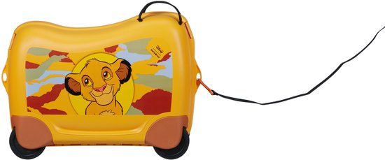 Gele kindertrolley met Simba-print en kleurrijke achtergrond. Trekkoord is zichtbaar.