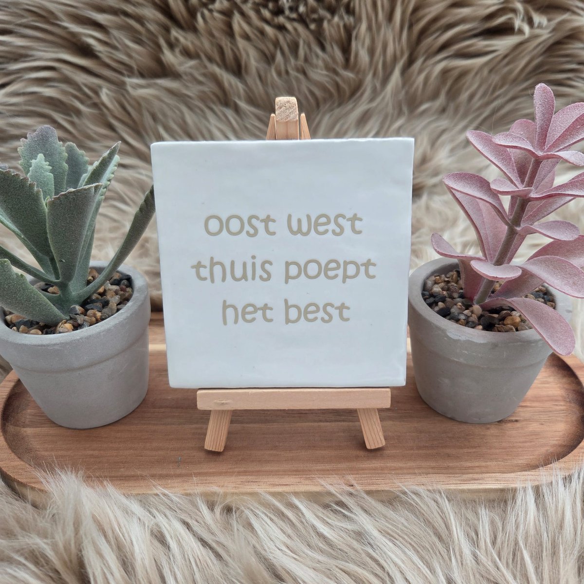 CreaCraft Robuust wenstegeltje “oost west thuis poept het best” – 10x10 cm – Humoristische Wanddecoratie & Cadeau – Cadeau vrienden,zomaar – Humor tegeltje - Grappige tekst – WC decoratie humor – Trendy nu – Decoratief Tegeltje met Standaard – Cadeau Idee wit/beige