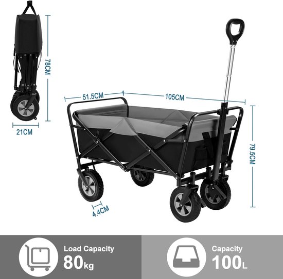 Bolderkar opvouwbaar - Bolderwagen - Bolderkarren - Strandtrolley - 100L - Inklapbare Handkar - 80kg Draagvermogen van Merkloos — afbeelding 3