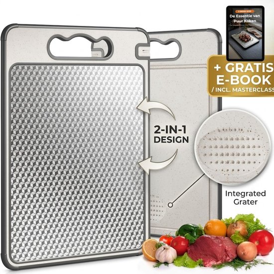 Bodilux® 100% Titanium Snijplank Dubbelzijdig - PFAS-vrij - Cutting Board - Sapgeul - Met Raspdeel en Messenslijper