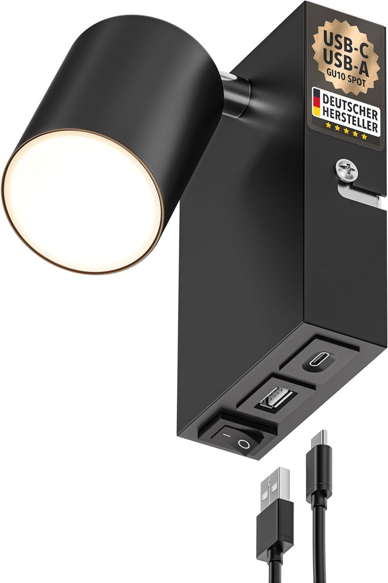 Moderne Wandlamp - Bedlamp Nachtkastje - Lezen Laden - Geïntegreerde USB-poorten - 12x8x9 cm - Zwart