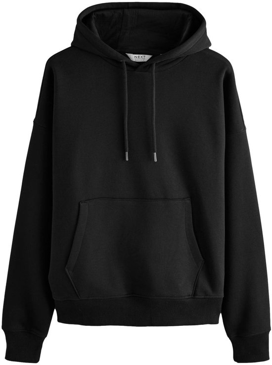 Zwarte oversized hoodie met capuchon, met trekkoordjes en een steekzak op de voorkant.