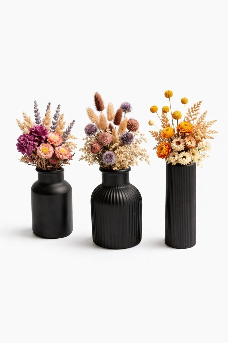 QORVANE Home Luxe 3-Delige Zwarte Vaas Set – Decoratieve Design Vazen voor Moderne Woondecoratie