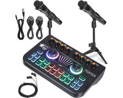 Professionele Audio Mixer Soundboard – 2-in-1 Podcast Set met Dubbele Microfoons & Voice Changer – Live Soundkaart voor Streaming, Gaming & DJ – Compatibel met PC & Telefoon