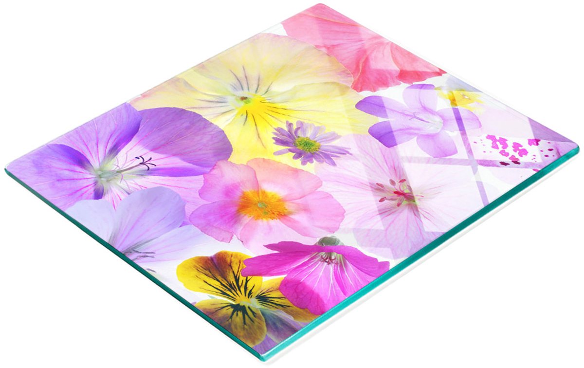 Keuken serveerplank van gehard glas met viooltjesmotief, 60x52 cm