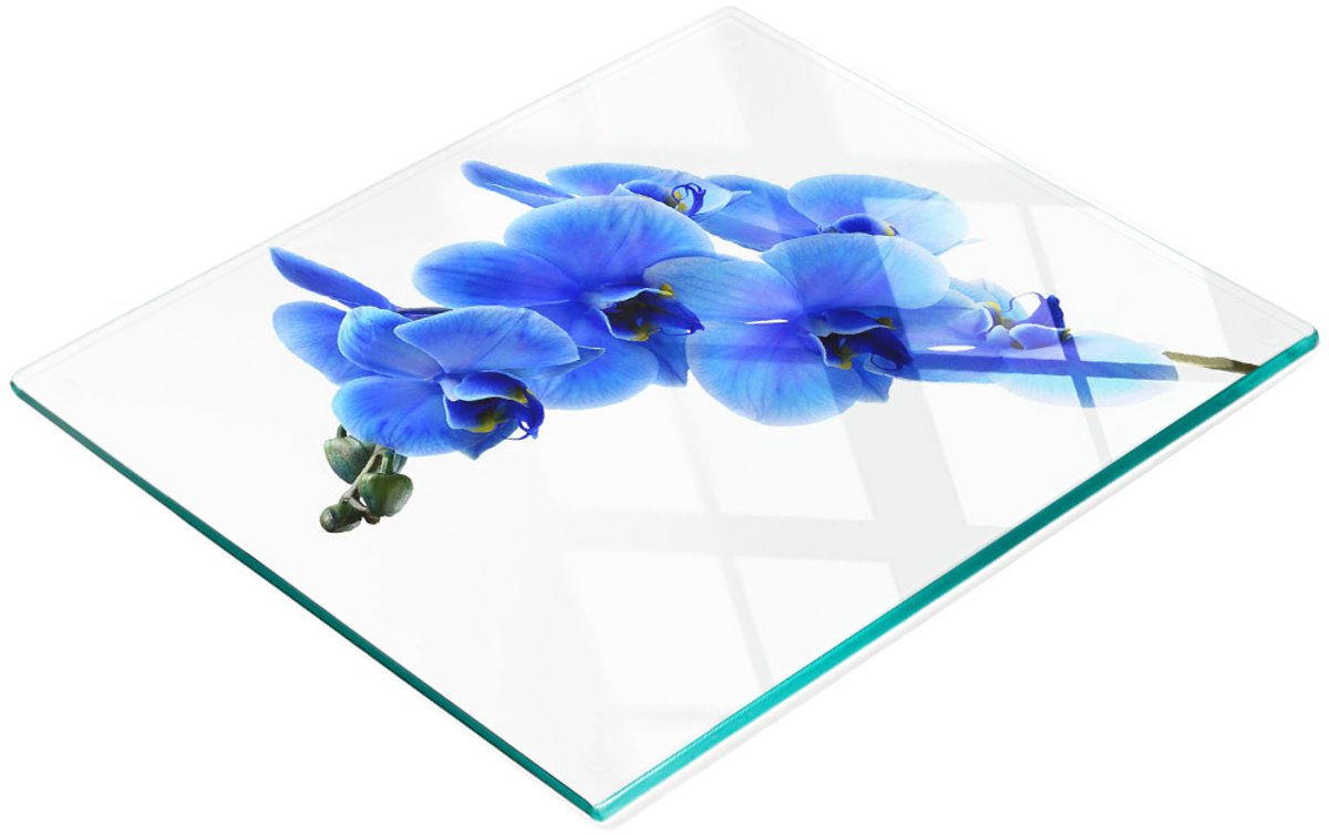 Stijlvol en duurzaam glazen bord met blauwe orchideeprint, 60x52 cm