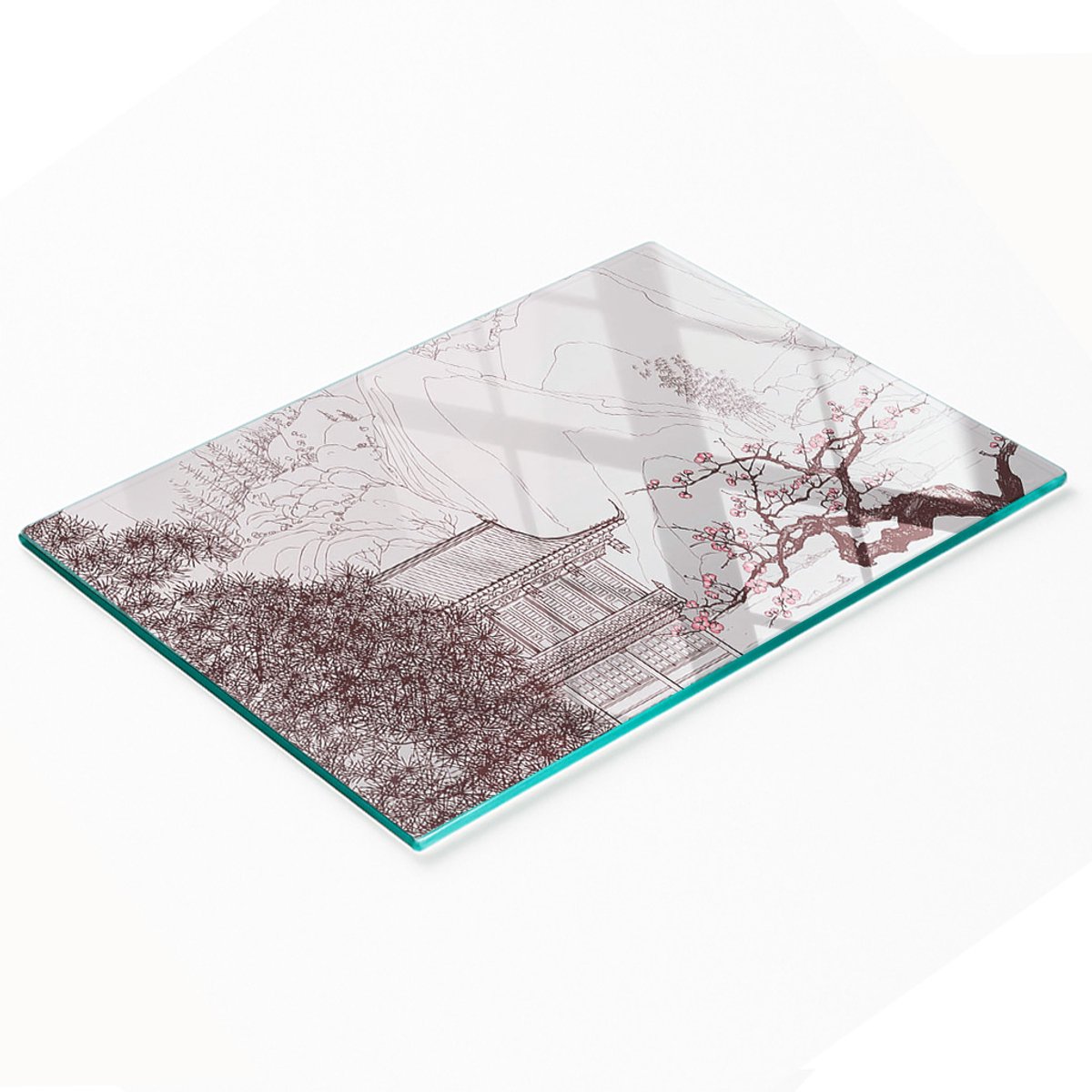 Decoratieve glazen snij- en serveerplank, Chinees landschap, 80x52 cm