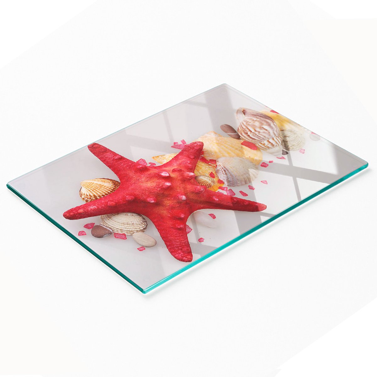 Decoratieve snijplank van gehard glas met zeesterrenschelpen, 80x52 cm