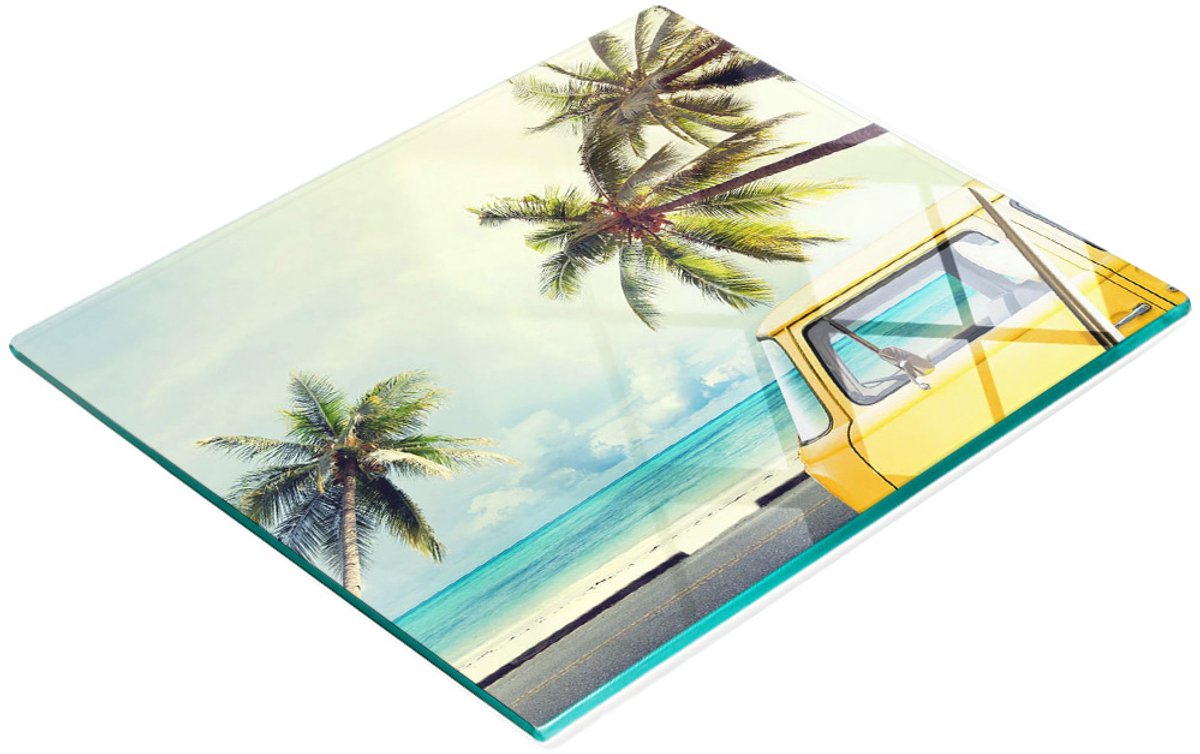 Decoratieve glazen keukensnijplank met strandbusmotief, 60x52 cm
