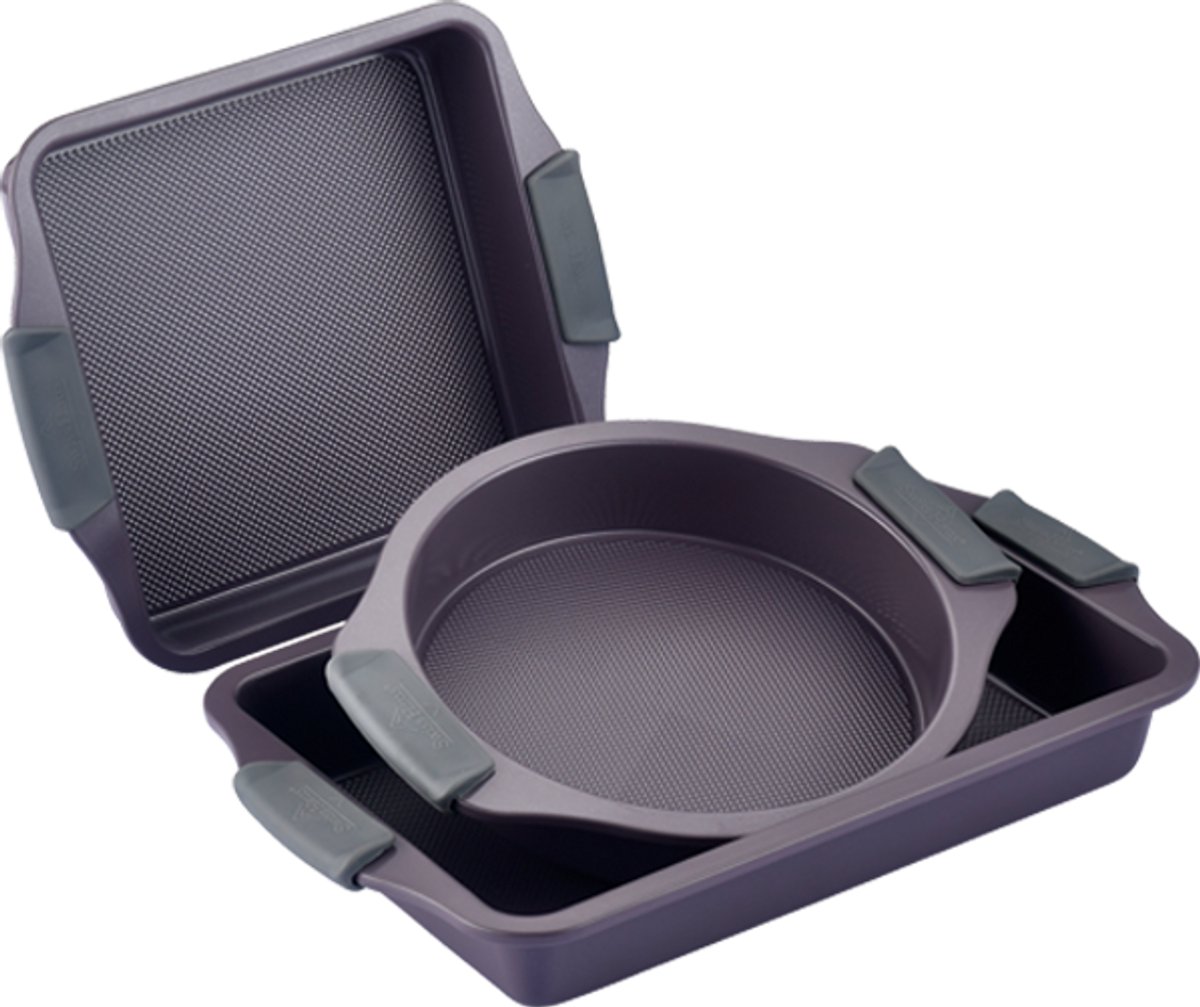 Swiss Haus® 3BST Bakvorm Set - 3 Delige Bakvormen - PFAS Vrij - Vierkante Bakvorm met Sapphire™ Antiaanbaklaag - Quichepan met Koudgrepen - Paars