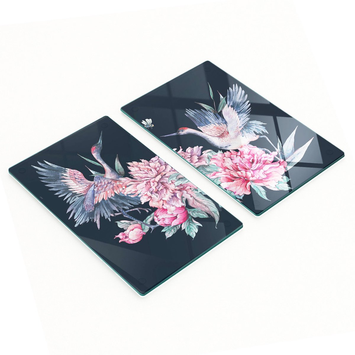 Decoratieve snijplanken van gehard glas met kraanvogels en pioenrozen, 2x30x52 cm