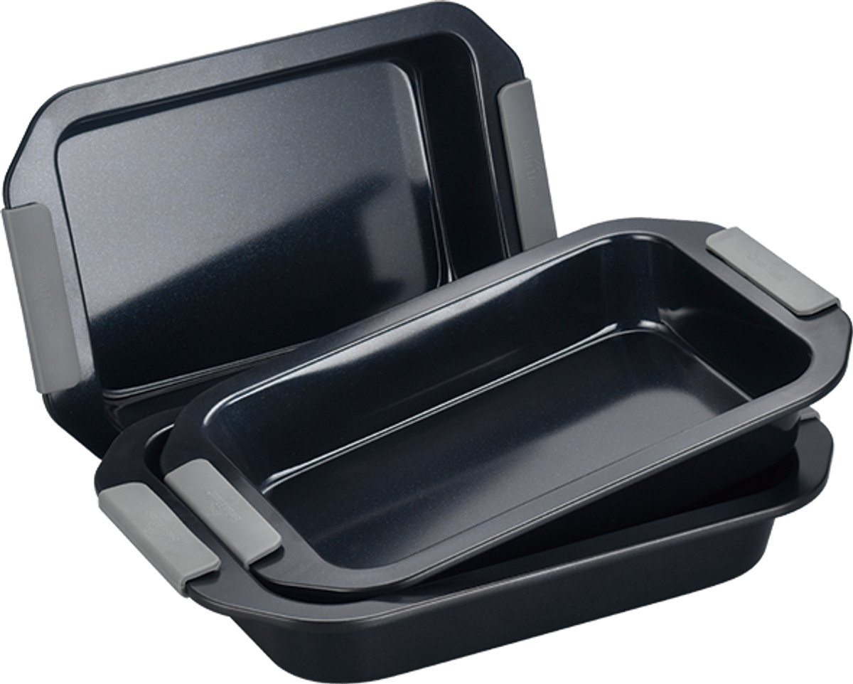 Swiss Haus® ORP3B 3 Delige Ovenschaal Set - PFAS Vrij - Rechthoekig Braadslede - Sapphire™ Kermaische Antiaanbaklaag - Lasagne & Ovenschalen – Oven- en Vaatwasserbestendig - Zwart