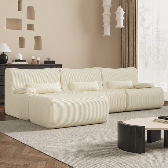 Foto: Hiaonyx hoekbank modulaire hoekbank lounge links rechts 4 zits u bank optie beige ribstof direct leverbaar offwhite