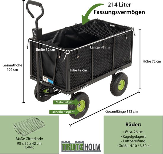 Tuintrolley afneembaar zeil 550 kg handkar opvouwbare traliewanden luchtbanden wielen aanhangwagen functie — afbeelding 2