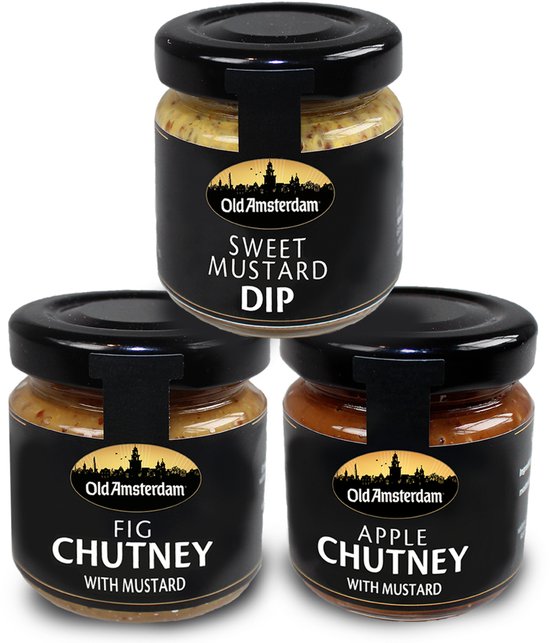 Drie potjes Old Amsterdam: Sweet Mustard Dip, Fig Chutney met mosterd en Apple Chutney met mosterd. Zwarte labels met Amsterdamse skyline.