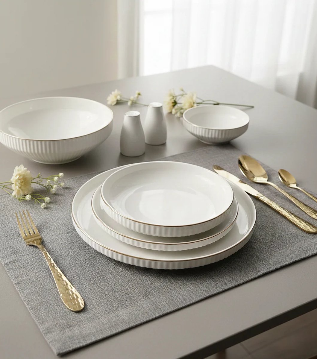 Almina Borneo Gold Serviesset - 27-delig - 6 Personen - Wit Porselein met Gouden Rand & Reliëf - Geribbeld Design - Luxe Diner Serviesset