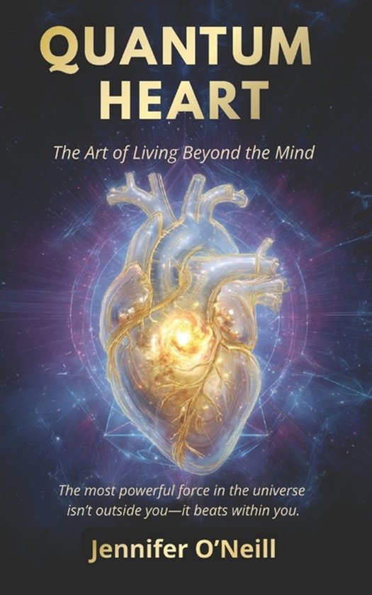 Livre "Quantum Heart" avec un cœur transparent plein de lumière, entouré d'énergie cosmique.