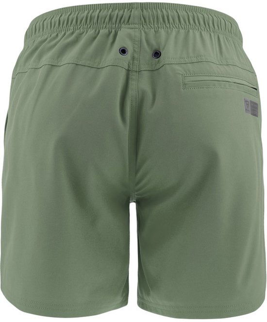 Arrière d'un maillot de bain vert kaki avec deux boutonnières et une poche zippée.