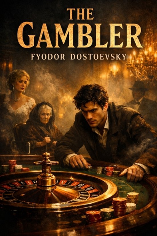 Boekomslag 'De Speler' van Fjodor Dostojevski met een roulette-tafel, spelers en een kroonluchter.