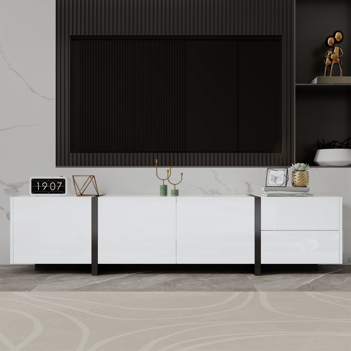 MODFU - TV-Meubel - Hoogglans - Modern - Voor Woonkamer - Spaanplaat - Wit En Zwart - 170 