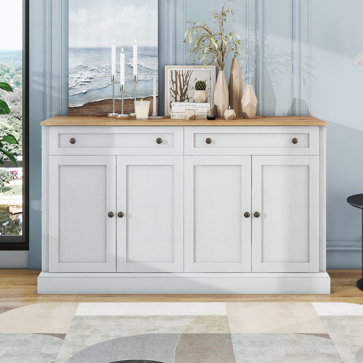 MODFU Sideboard - 4 Deuren En 2 Laden - Verstelbare Planken - Moderne Retro Stijl - Wit En Naturel - 150 X 40 X 86 Cm Natuurlijk hout