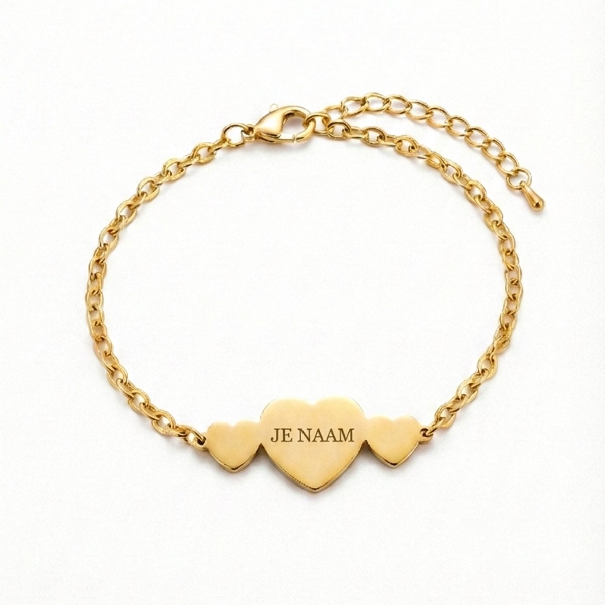 Armband met graveer, Armband met naam, Armband met gravure en 3 hartjes - goudkleurig - verstelbaar - RVS, Armband met naamplaatje ,graveerarmband