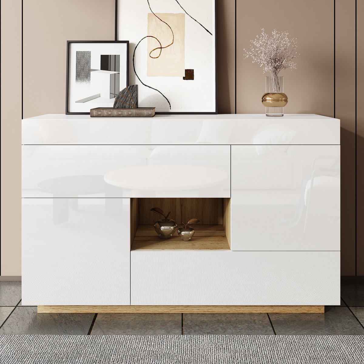 REDOM Dressoir - 2 Deuren En 2 Laden Met Open Vak En Verlichting - Modern - Spaanplaat - Wit - 120 x 76,5 x 37 cm