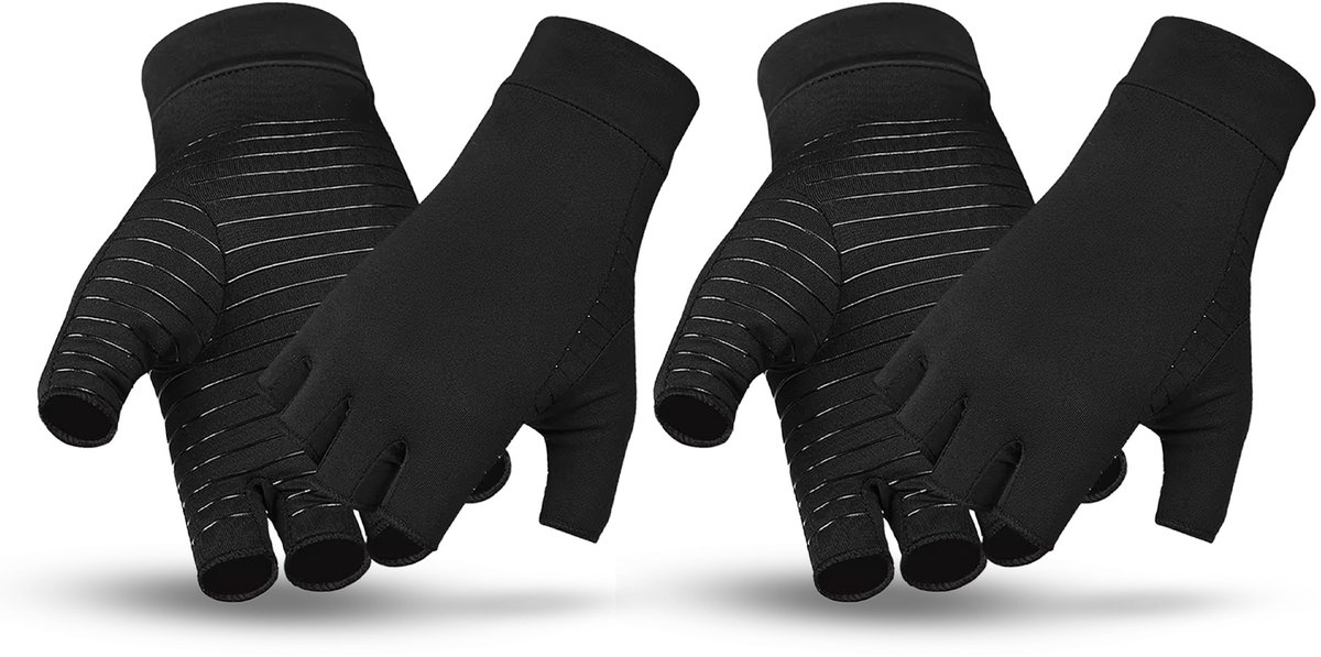 Medure Compressie Handschoenen Zonder Vingertoppen - Maat XL - Reuma - Dames En Heren Hulpmiddelen - Artrose - Artritis - Rsi - Warmte - Therapeutische Binnenhandschoenen - Winterhanden - Zwart - 2-Pack