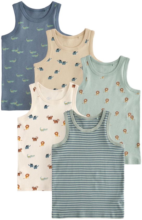 Vijf kinderhemdjes in verschillende kleuren en met dierenprints: krokodillen, olifanten, tijgers, leeuwen en strepen.