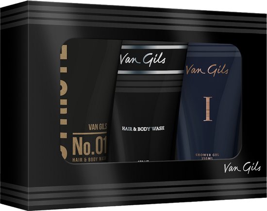 Zwarte geschenkdoos met "Van Gils No.01 HAIR & BODY WASH" en "Van Gils I SHOWER GEL 150ML" op de voorzijde.