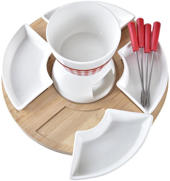 Fondue Set voor 4 Personen – Bamboe en Porselein – Inclusief Schalen en Vorkjes -26,5 x 26,5 x 19 cm — afbeelding 2