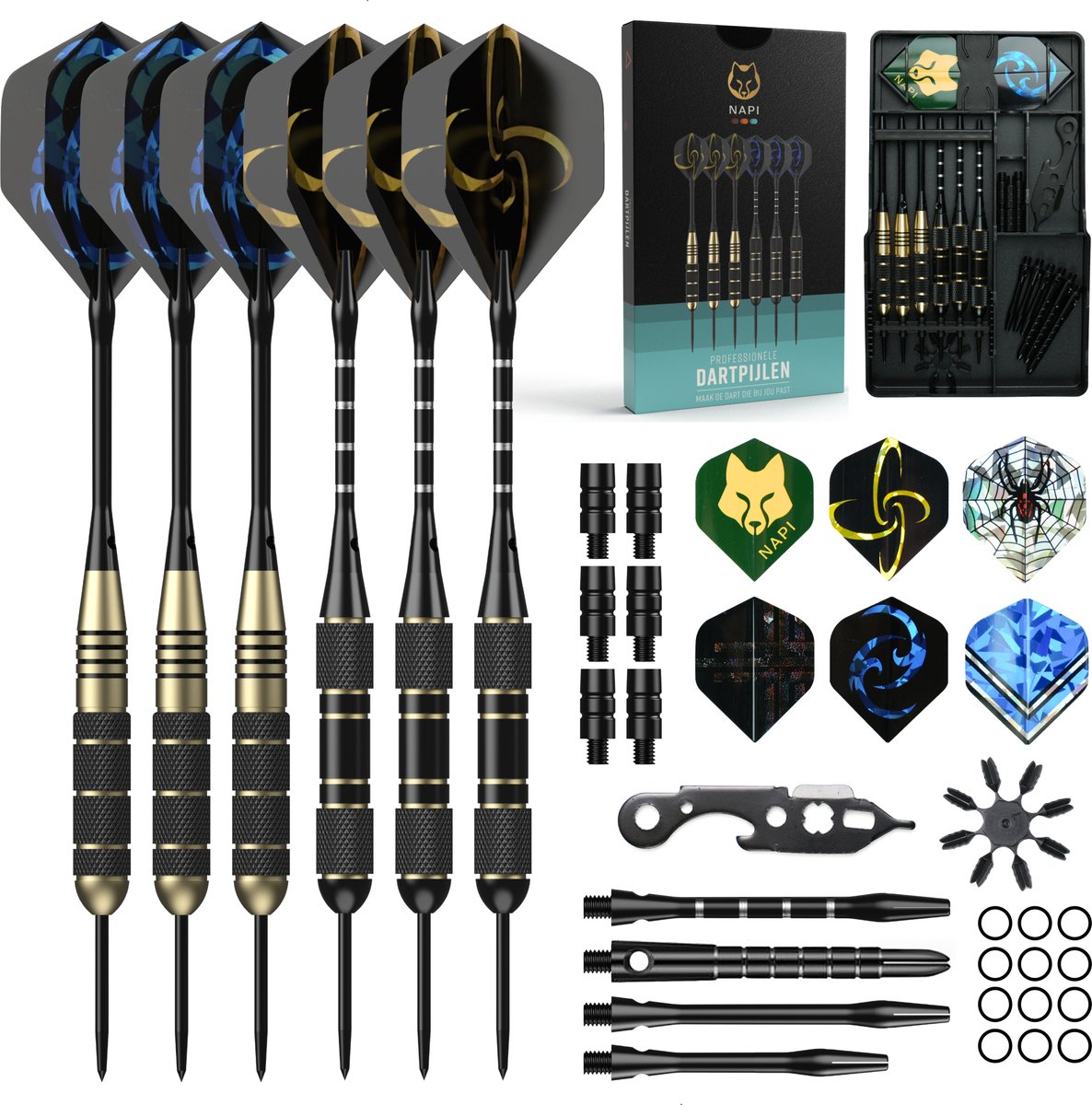 NAPI Darts - 6 Dartpijlen (64-delig) - 23, 24, 25, 26 Gram Dartspijlen - 2 Sets Premium Brass Pijlen - Steeltip - Inclusief Dart Flights & Case