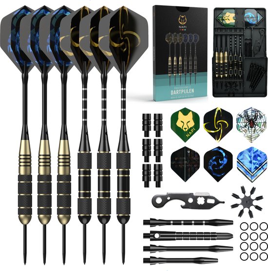 Een complete set dartpijlen met 6 pijlen, diverse flights, shafts, extra gewichten en een opbergkoffer.