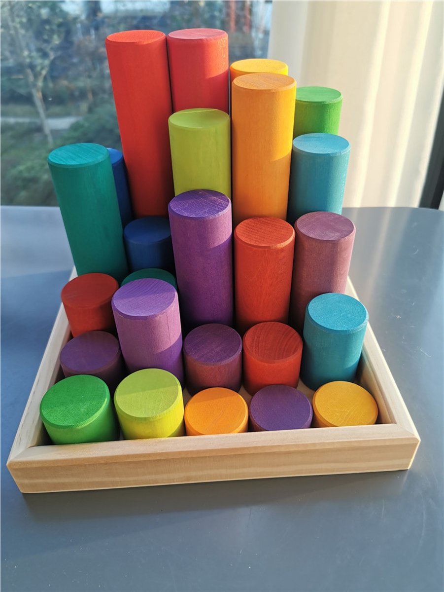 Houten cilinder blokken voor Kinderen – 26-delige Regenboog Set – Educatief Montessori Speelgoed – Kleurrijke Houten Cilinders – Motoriek & Fantasie Ontwikkeling – Vanaf 2 jaar