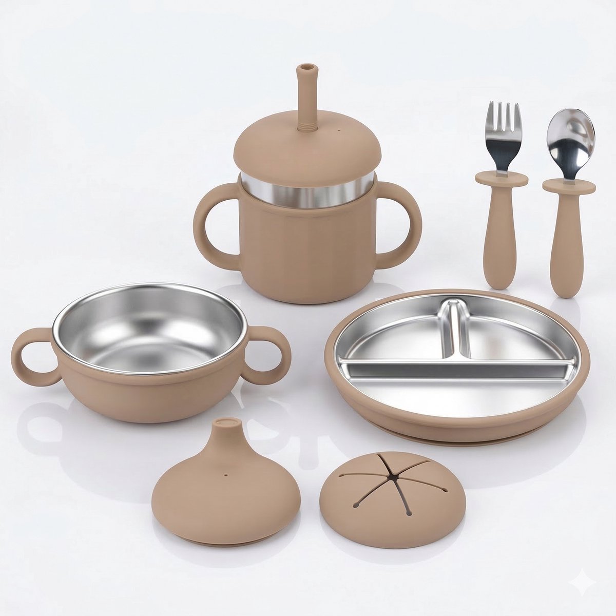 NilaFee® Kinderservies Robin Caramel – Baby Eetset – Siliconen & RVS – Vakjesbord – Kom – Drinkbeker met Rietje – Bestek – Kinderservies – Peuter & Baby 6m+