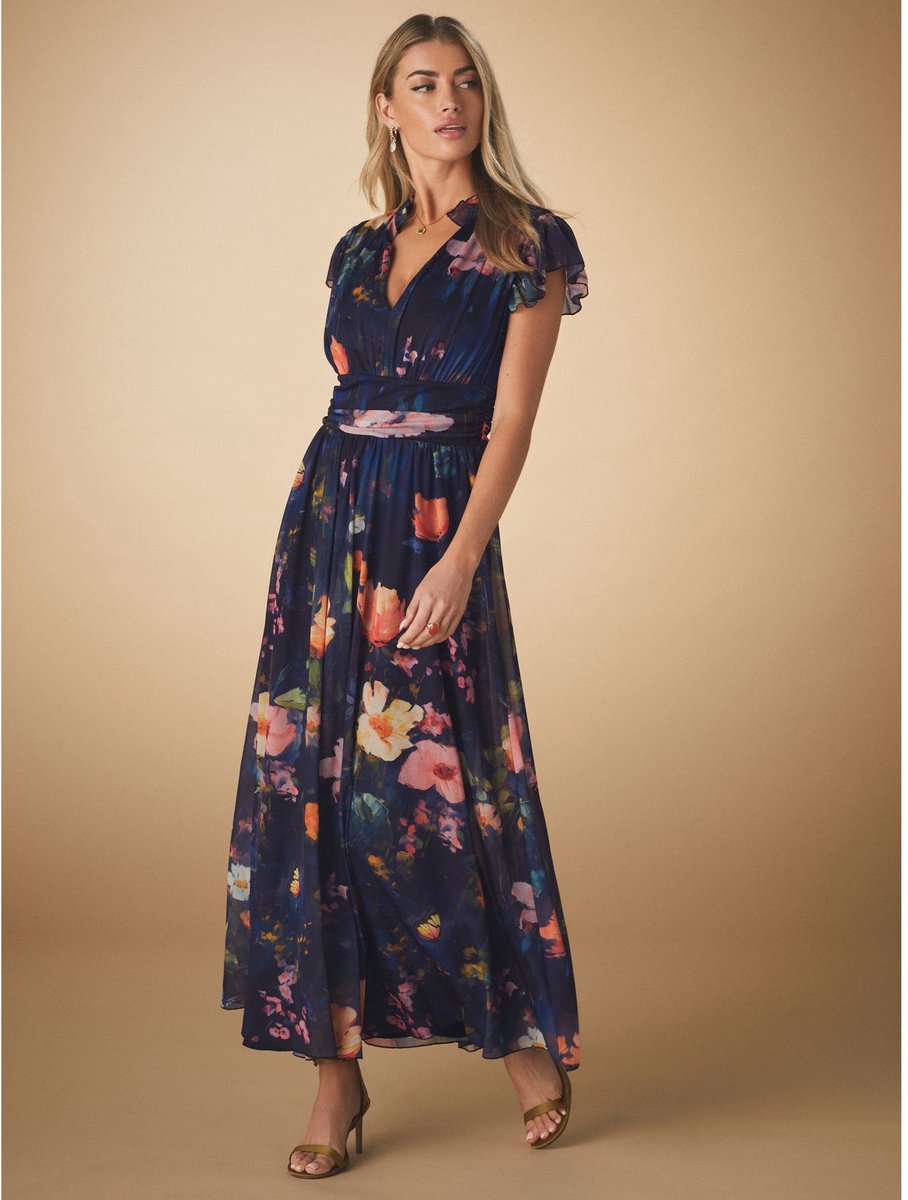 Next - Dames - Lange jurk met plooien, mesh en V-hals voor speciale gelegenheden - Blauw