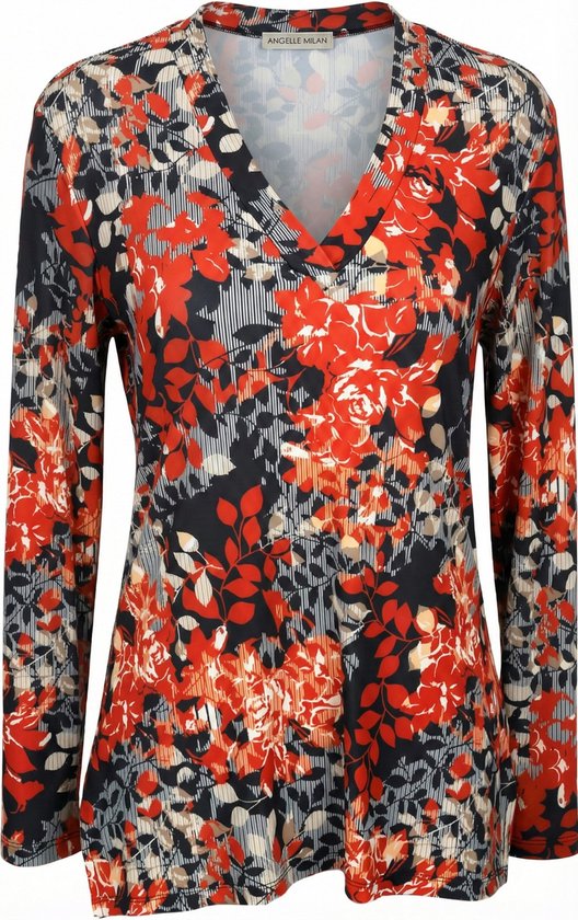 Angelle Milan - 1691 Blouse - Rood/Blauwe bloemen - Ademend - Kreukvrij
