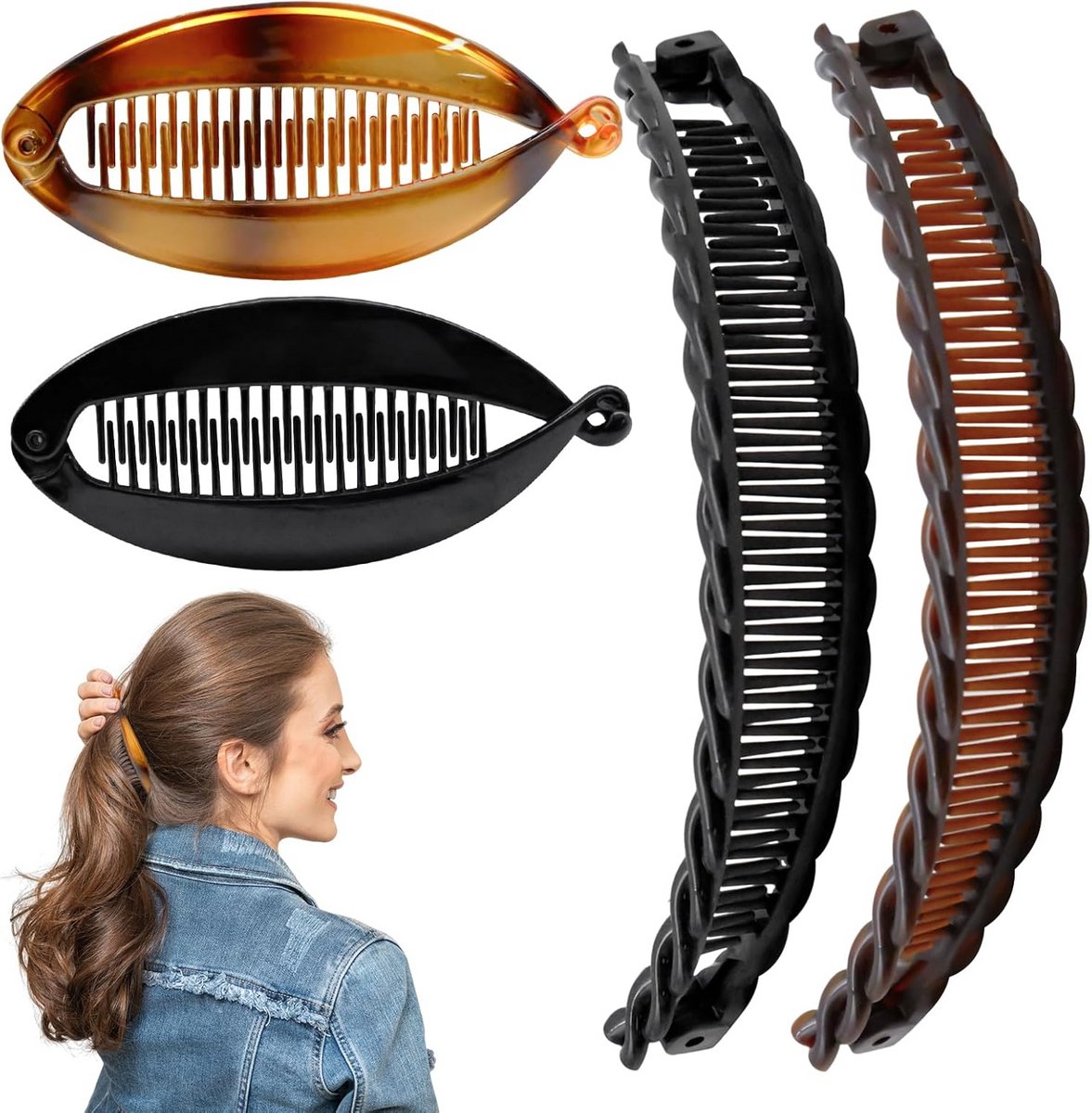 4x Grote Haarclips Set voor Dik Krullend Haar - Sterke Banaanclip & Visgraat Klem