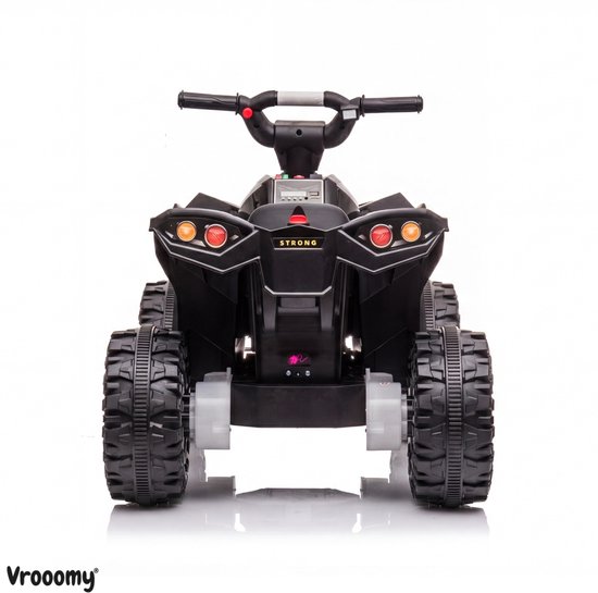 Zwarte Vrooomy kinderquad met off-road wielen, "STRONG" logo op voorkant en rode koplampen.