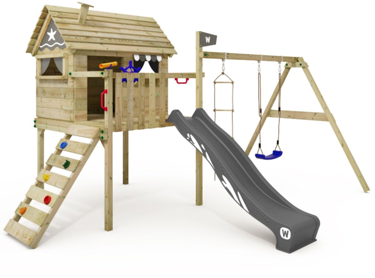 Wickey Smart Travel Speeltoestel - Schommel en Touwladder met Glijbaan - Speelhuis met Houten Dak - 473x377x268 cm - Grijs