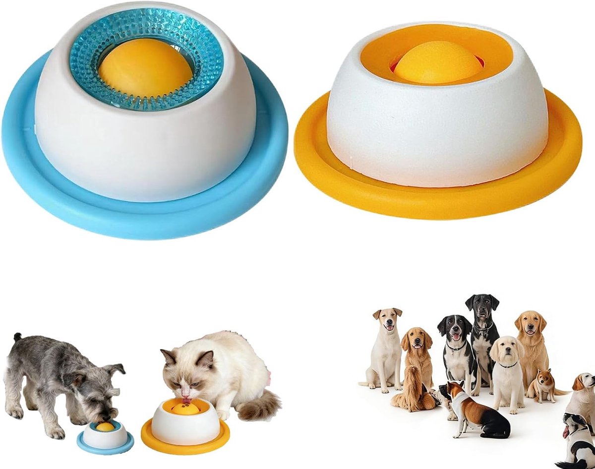 2 stuks likmat voor honden - Likmat voor honden - ABS Slow Feeder hondenvoerbakken - Likbal voor honden - Likspeelgoed voor honden - Likmat voor natvoer met zuignap, puzzelspeelgoed voor verveelde honden (Geel+Blauw)