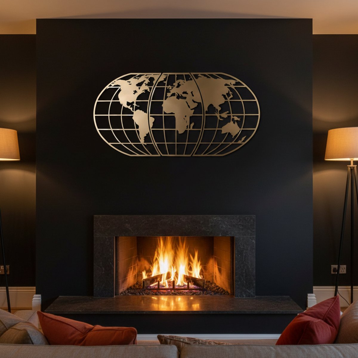 Gouden metalen wereldkaart aan de muur