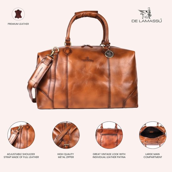 Bruine leren weekendtas met tekst 'PREMIUM LEATHER', 'ADJUSTABLE SHOULDER STRAP', 'HIGH QUALITY METAL ZIPPER'.