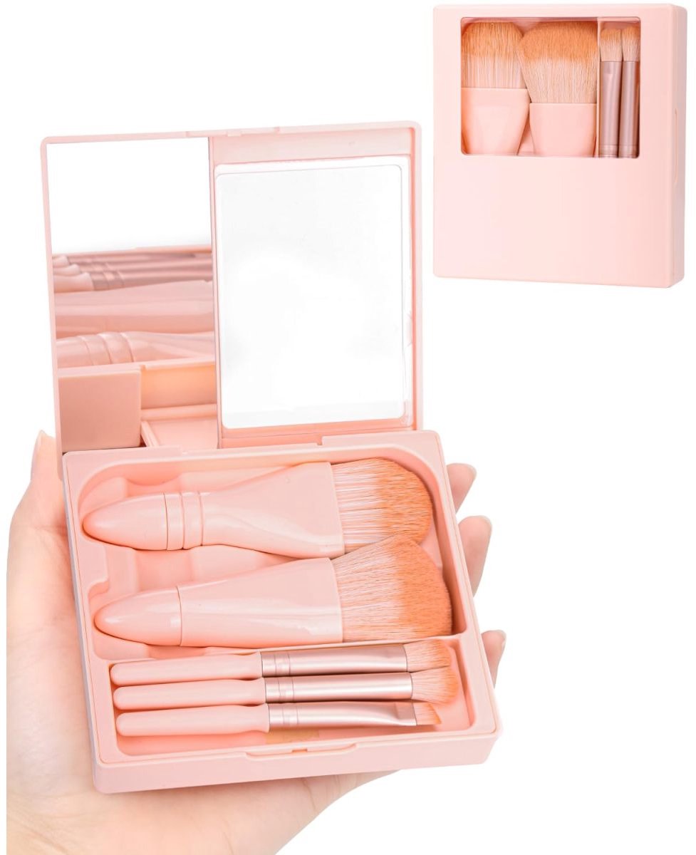 QTTVBTNA – Reis Make-up Kwasten Set 5-delig – Mini Make-up Borstels met Hard Etui en Ingebouwde Spiegel – Compact & Lichtgewicht – Handig voor Onderweg, Vakantie en Dagelijks Gebruik – Ideaal als Cadeau voor Vrouwen en Meisjes – Lichtroze
