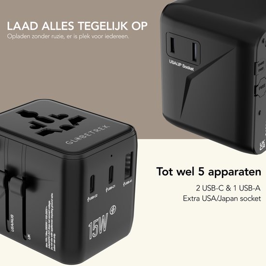 Twee zwarte GlobeTrek reisadapters. Eén met 2x USB-C en 1x USB-A poort, de ander met een USA/Japan stopcontact. Beide tonen '15W'.